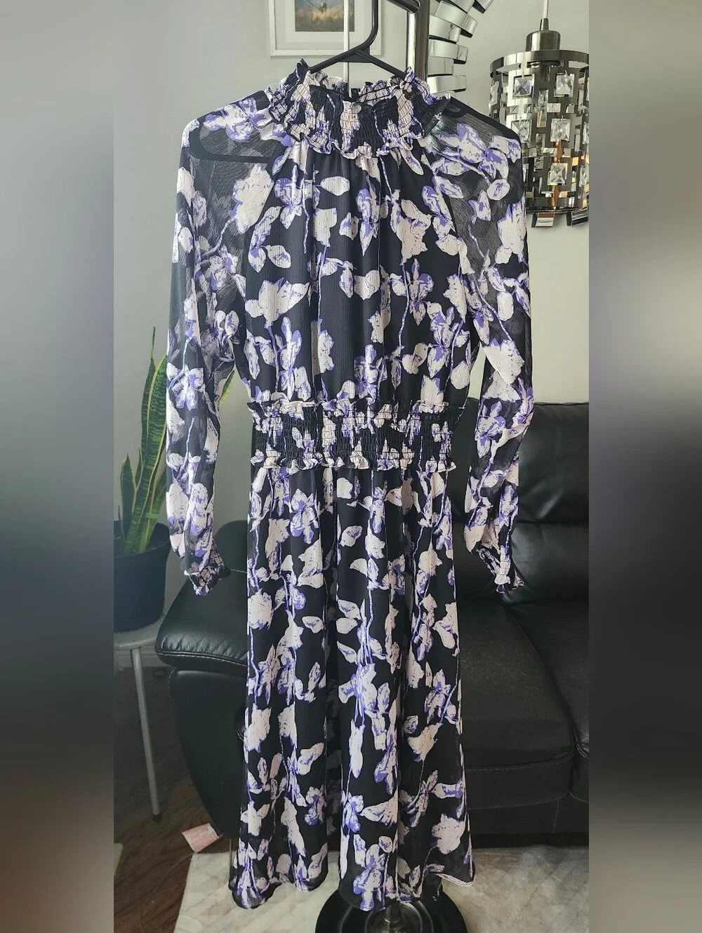 Long Sleeve Black Floral Midi Dress with Smocked Waist - Picture 2 of 10